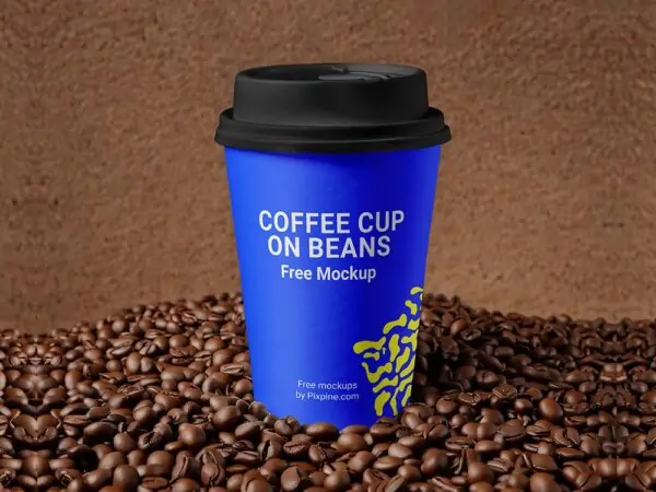 Free Coffee Cup with Beans PSD Mockup