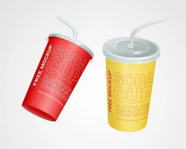 Free Floating Soda Paper Cup with Straw Mockup (PSD)