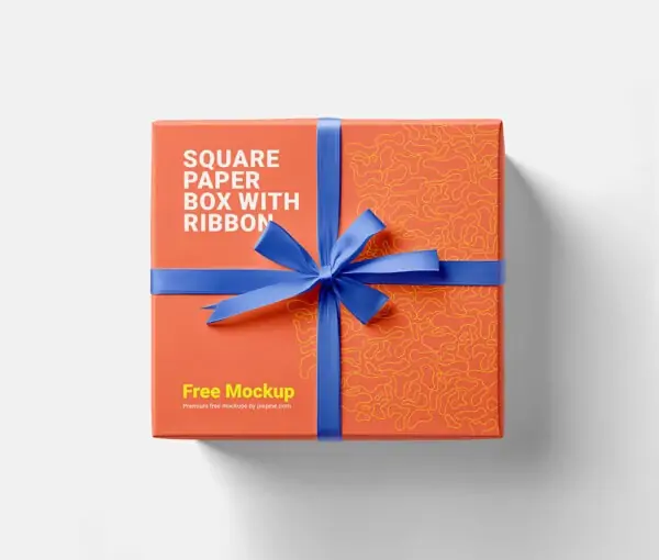 Free Square Paper Box with Ribbon Mockup - PSD