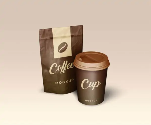 Free Elegant Coffee Bag and Cup Mockup (PSD)