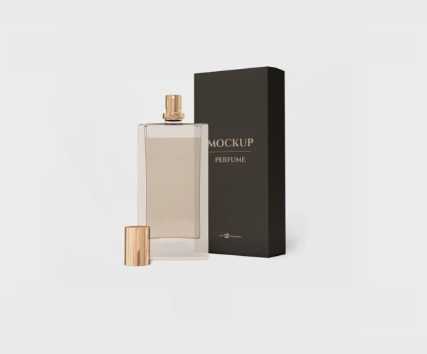 Free Perfume Bottle With Box Mockup (PSD)